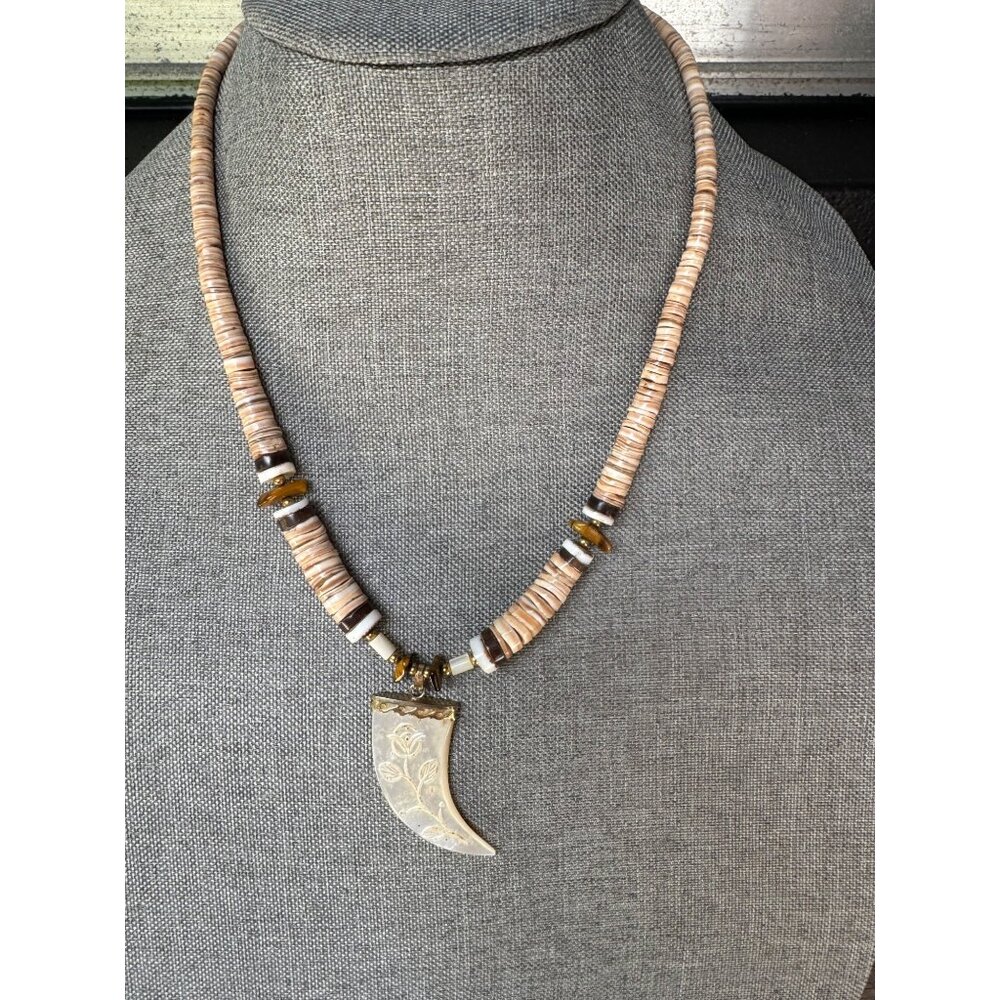 Handcrafted Boho Seashell Necklace With Carved Horn Pendant